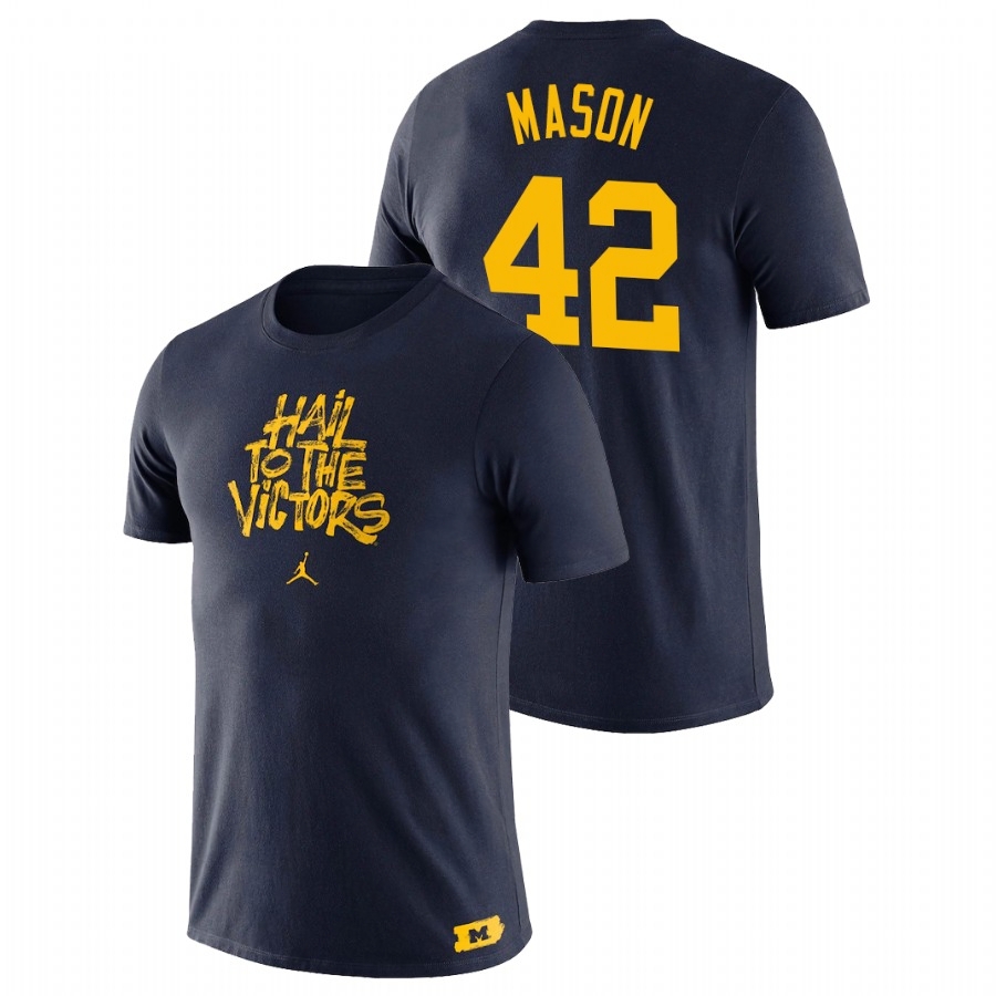 Michigan Wolverines Men's NCAA Ben Mason #42 Navy Brush Phrase College Football T-Shirt FCT5749ZL